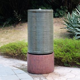 44" Tall Large Modern Cylinder Ribbed Tower Water Fountain With Rustic Base