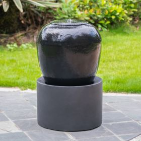 19.5x19.5x32.5" Heavy Outdoor Cement Fountain Black, Cute Unique Urn Design Water feature For Home Garden, Lawn
