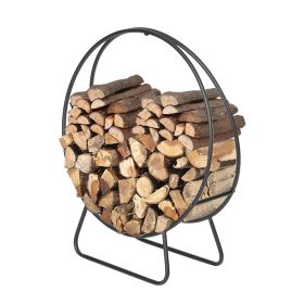 24-Inch Black Steel Indoor/Outdoor Firewood Log Hoop Rack - Round Tubular Metal Wood Storage Holder - Outside and Inside Fireplace Accessory