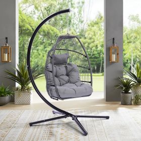 Outdoor Patio Wicker Folding Hanging Chair; Rattan Swing Hammock Egg Chair With C Type Bracket; With Cushion And Pillow