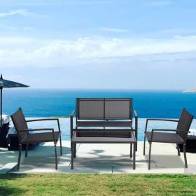 4 Pieces Patio Furniture Set Outdoor Garden Patio Conversation Sets Poolside Lawn Chairs with Glass Coffee Table Porch Furniture (Black)
