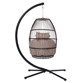 Patio Wicker folding Hanging Chair,Rattan Swing Hammock Egg Chair with X type Base and C Type bracket , with cushion and pillow,for Patio,
