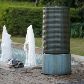 44" Tall Large Round Green Ribbed Tower Water Fountain, Verge Bronze, Cement Outdoor Bird Feeder / Bath Fountain