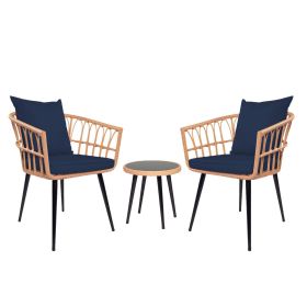 3-Piece Patio Wicker Round 16 in. H Cafe Table Outdoor Bistro Conversation Set Rattan Chair with Dark Blue Cushions