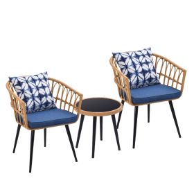 3-Piece Patio Wicker Round 16 in. H Coffeee Table Outdoor Bistro Conversation Set Rattan Chair with Blue Cushions
