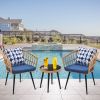 3-Piece Patio Wicker Round 16 in. H Coffeee Table Outdoor Bistro Conversation Set Rattan Chair with Blue Cushions